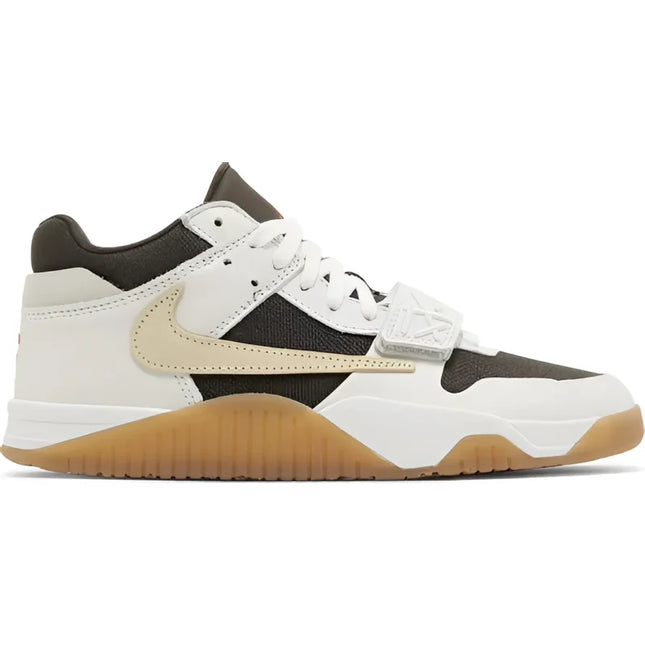 Athletic sneaker Jordan Jumpman Jack TR Travis Scott Sail in white, black, and brown