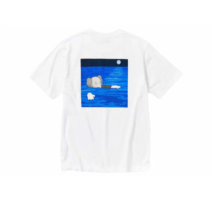 White KAWS x Uniqlo short sleeve artbook cover t-shirt featuring blue square artwork