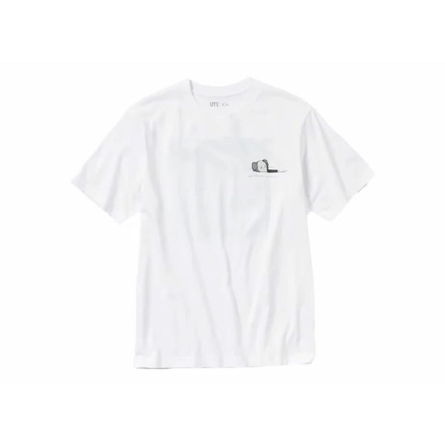 White KAWS x Uniqlo UT Short Sleeve Artbook Cover T-shirt with gray logo on chest