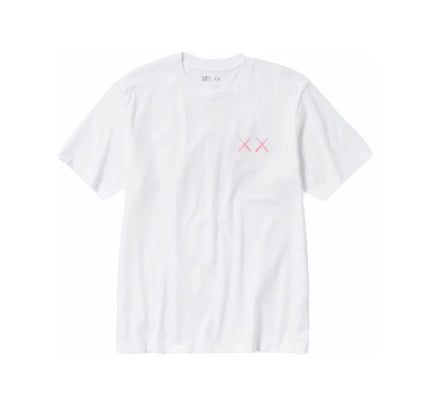 White KAWS x Uniqlo UT Short Sleeve Graphic Pink T-shirt with pink symbols on chest