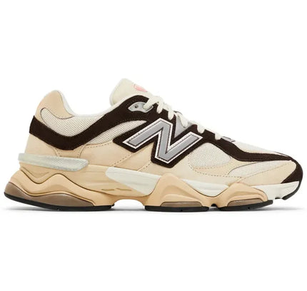 Beige and brown New Balance 9060 sneakers with chunky sole from New Balance 9060 Emerging Brown collection