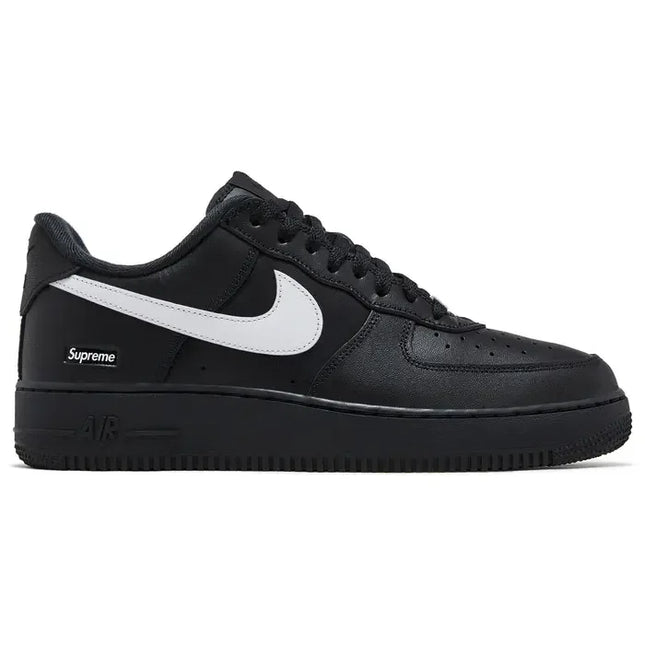 Nike Air Force 1 Low Supreme Black White sneakers with black leather and white swoosh