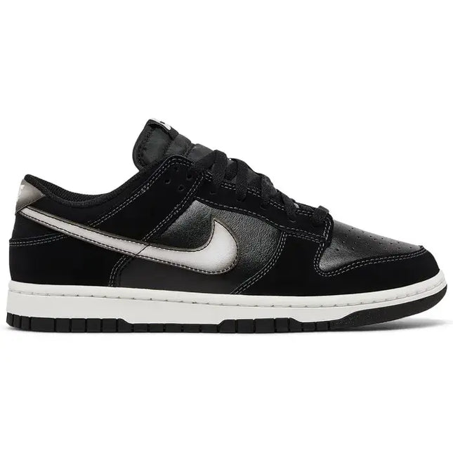 Black and silver Nike Dunk Low sneaker with white midsole for Dunk Low Airbrush Black