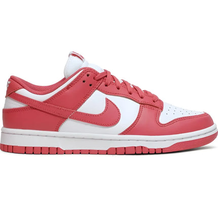 Red and white Nike Dunk Low Archeo Pink sneaker with classic two-tone color blocking