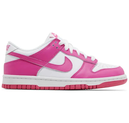 Nike Dunk Low Laser Fuchsia GS sneaker in white and pink on a white background