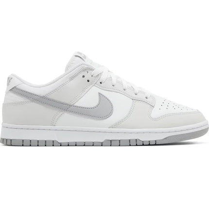 White and grey Nike Dunk Low Retro sneaker featuring leather upper in Summit White Light Smoke Grey