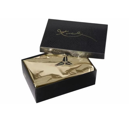 Black textured blind box with gold foil lining and silver logo for nike kobe 4 protro draft day pack mystery sealed box