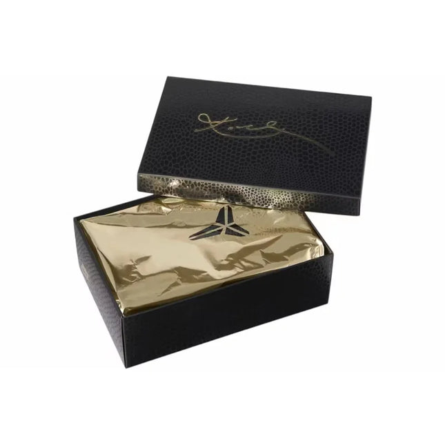 Black textured blind box with gold foil lining and silver logo for nike kobe 4 protro draft day pack mystery sealed box