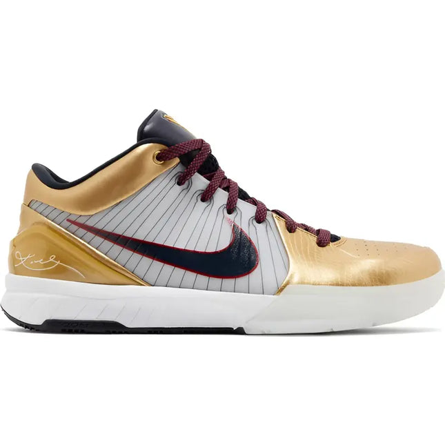 Gold and silver Nike Zoom Kobe Protro Gold Medal with burgundy laces and white sole