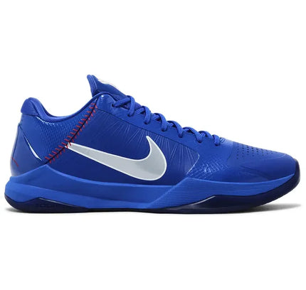 Royal blue Nike Kobe 4 Protro basketball shoe with white swoosh and red stitching accents for protro Dodgers fans