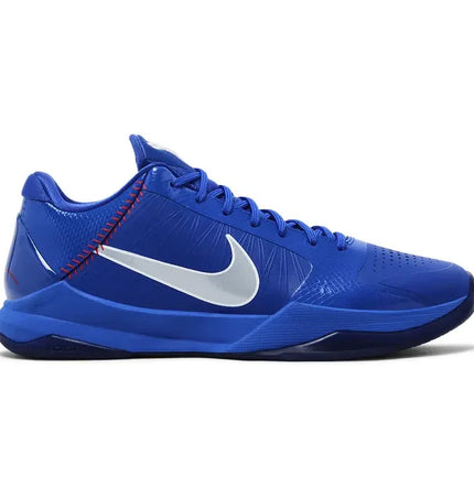 Royal blue Nike Kobe 4 Protro basketball shoe with white swoosh and red stitching accents for protro Dodgers fans