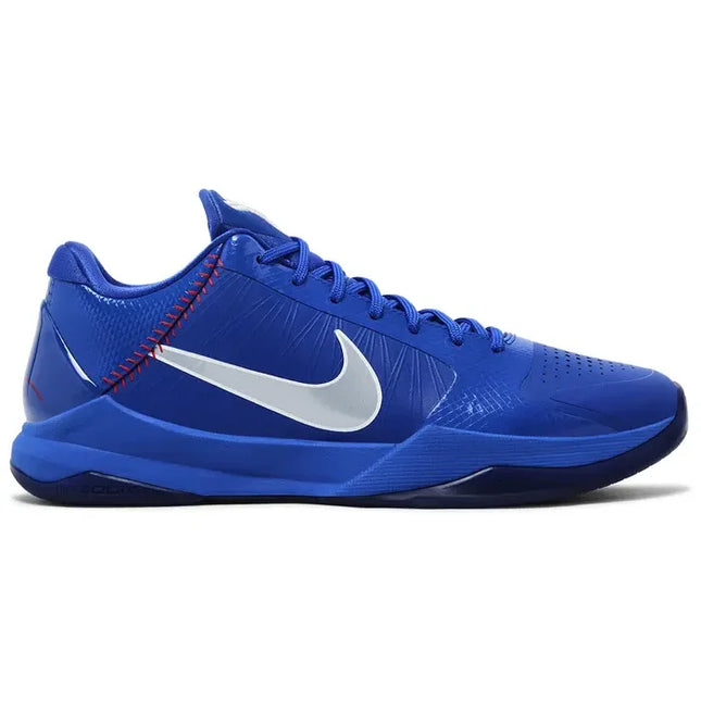 Royal blue Nike Kobe 4 Protro basketball shoe with white swoosh and red stitching accents for protro Dodgers fans
