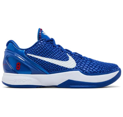 Blue nike kobe 6 protro dodgers basketball shoe with textured upper white swoosh and red number eight on heel back view los angeles