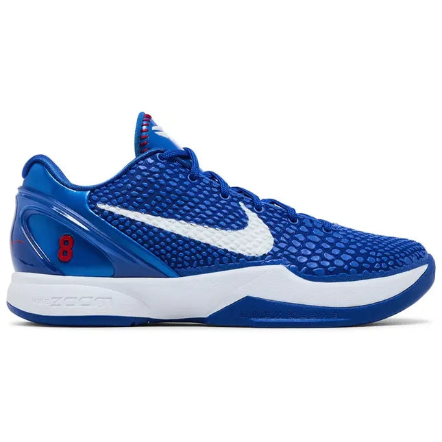Blue nike kobe 6 protro dodgers basketball shoe with textured upper white swoosh and red number eight on heel back view los angeles