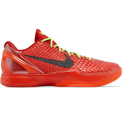 Red Nike Zoom Kobe 6 Protro Reverse Grinch with neon yellow laces and mesh upper design