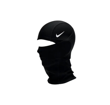 Black Nike Pro Hyperwarm balaclava with white swoosh logo for unisex warmth