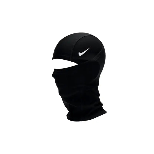 Black Nike Pro Hyperwarm balaclava with white swoosh logo for unisex warmth