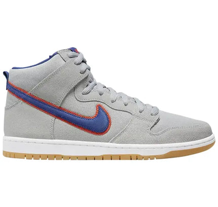 Gray high-top Nike Dunk High New York Mets sneaker for stylish streetwear enthusiasts