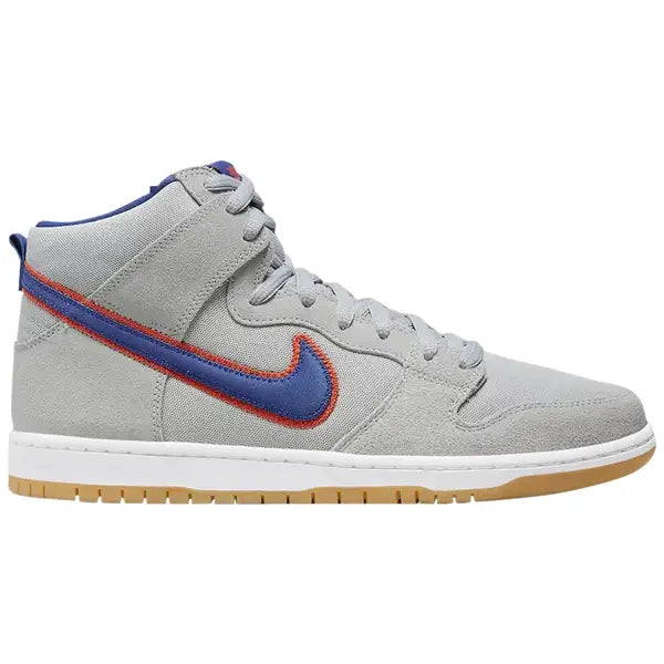 Gray high-top Nike Dunk High New York Mets sneaker for stylish streetwear enthusiasts