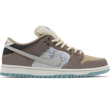 Nike SB Dunk Low sneaker in brown, grey, cream, and light blue sole for big box stores