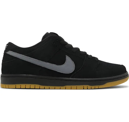 Black Nike SB Dunk Low Fog sneaker with grey swoosh and gum sole for skateboarding