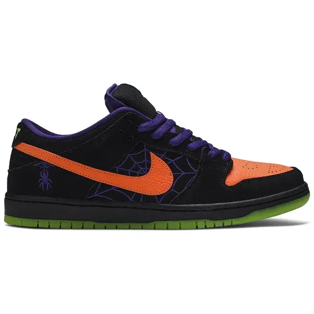 Nike SB Dunk Low Night of Mischief sneaker in black, orange, purple, and green accents