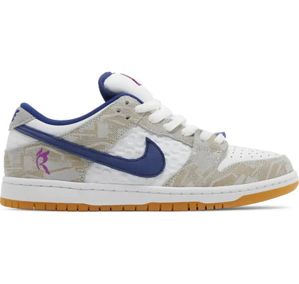 Nike SB Dunk Low Rayssa Leal sneaker in white, grey, navy with gum sole, special-edition colorway designed