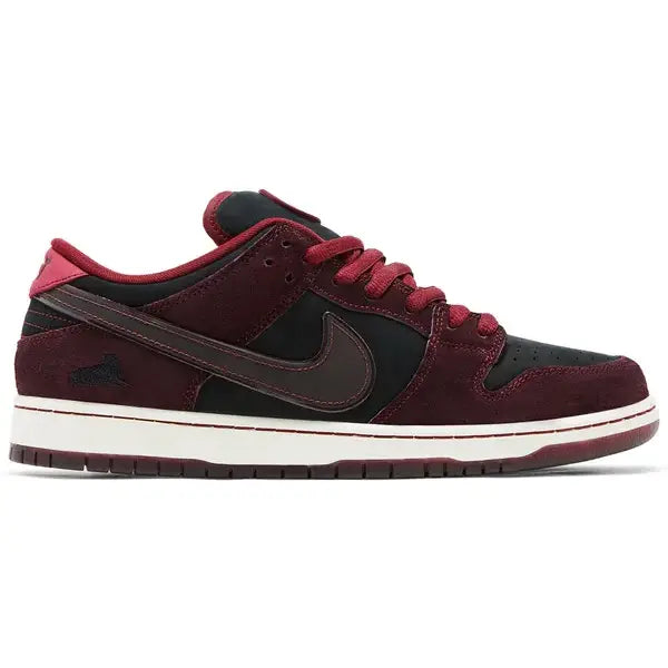 Burgundy and black Nike SB Dunk Low Riot Skateshop sneaker for stylish skating