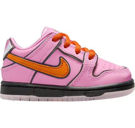 Pink and orange Nike Dunk Low sneakers inspired by Powerpuff Girls Blossom design