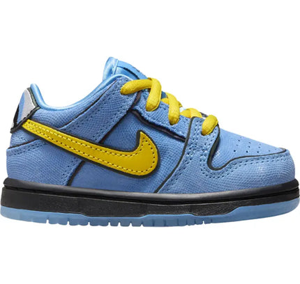 Light blue Nike Dunk Low featuring yellow accents in Powerpuff Girls footwear collection