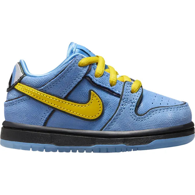 Light blue Nike Dunk Low featuring yellow accents in Powerpuff Girls footwear collection