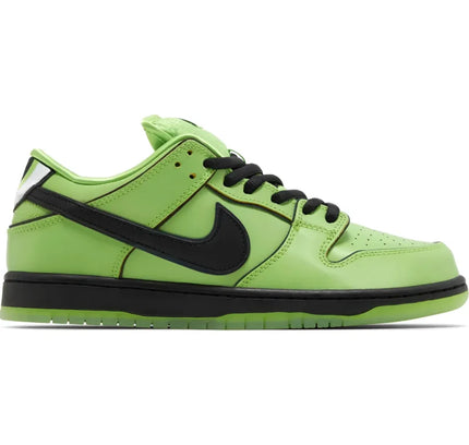 Bright green Nike Dunk Low sneaker featuring black swoosh, inspired by Powerpuff Girls