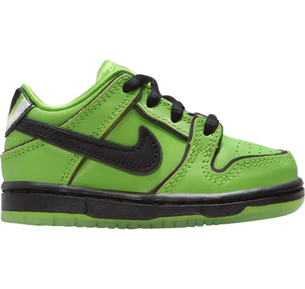 Bright green Nike Dunk Low with black accents inspired by Powerpuff Girls Buttercup