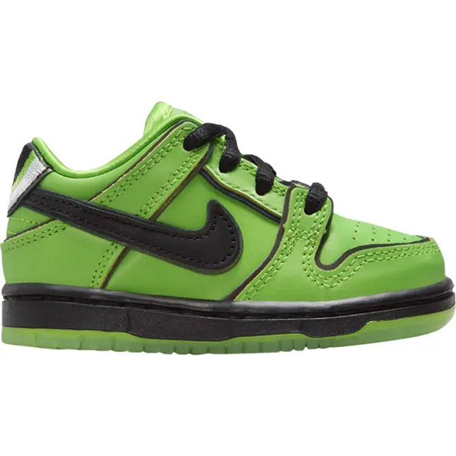 Bright green Nike Dunk Low with black accents inspired by Powerpuff Girls Buttercup