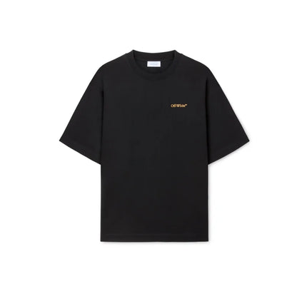 Black short-sleeved T-shirt from Off-White featuring tape arrow design, ideal with Nike Dunk or Jordan 4 sneakers