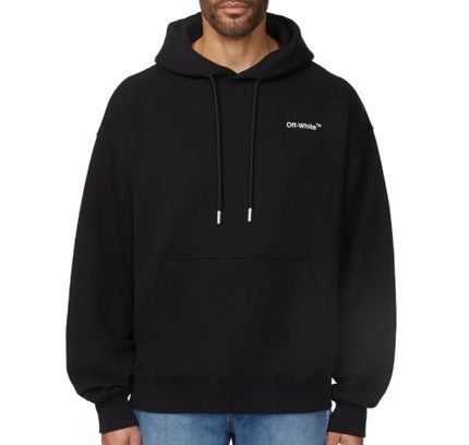 Black off-white pullover hoodie with white logo and silver-tipped drawstrings perfect for nike dunk styling