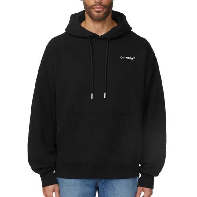 Black off-white pullover hoodie with white logo and silver-tipped drawstrings perfect for nike dunk styling