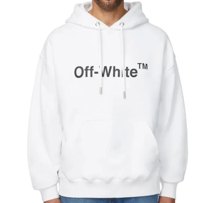 Off-white™ men’s pullover hoodie in white with black logo and matching drawstrings, perfect for pairing with nike dunk styles