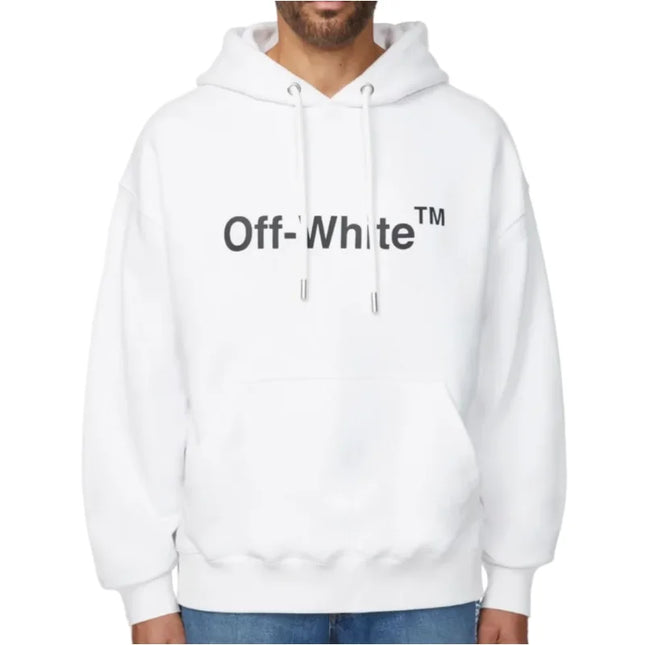 Off-white™ men’s pullover hoodie in white with black logo and matching drawstrings, perfect for pairing with nike dunk styles