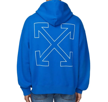 Bright blue off-white™ men’s pullover hoodie with bold white arrow logo on back, perfect for casual nike dunk looks