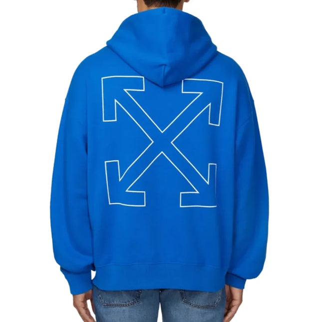 Bright blue off-white™ men’s pullover hoodie with bold white arrow logo on back, perfect for casual nike dunk looks