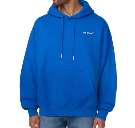 Off-white™ men’s pullover hoodie in bright blue off-white with white drawstrings and small embroidered logo perfect for casual wear
