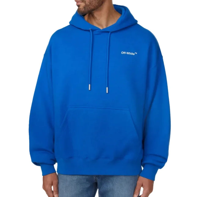Off-white™ men’s pullover hoodie in bright blue off-white with white drawstrings and small embroidered logo perfect for casual wear