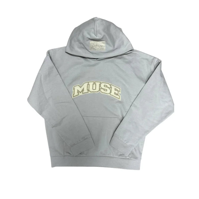 Gray classic hoodie sweatshirt featuring MUSE text design on the front