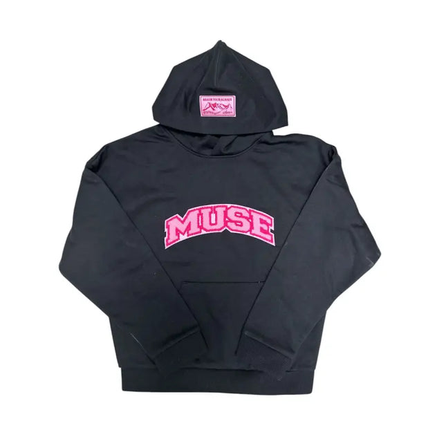 Black hoodie sweatshirt featuring pink MUSE text, perfect for a classic hoodie look