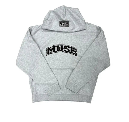 Grey hooded sweatshirt featuring MUSE text, perfect classic hoodie sweatshirt for casualwear