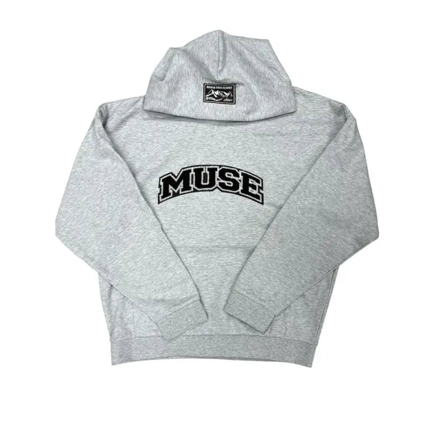 Grey hooded sweatshirt featuring MUSE text, perfect classic hoodie sweatshirt for casualwear