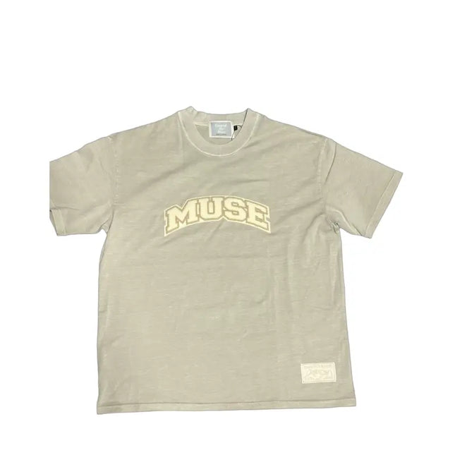 Beige OG Patch T-Shirt featuring MUSE text, perfect with Nike Dunk or Jordan 4 shoes