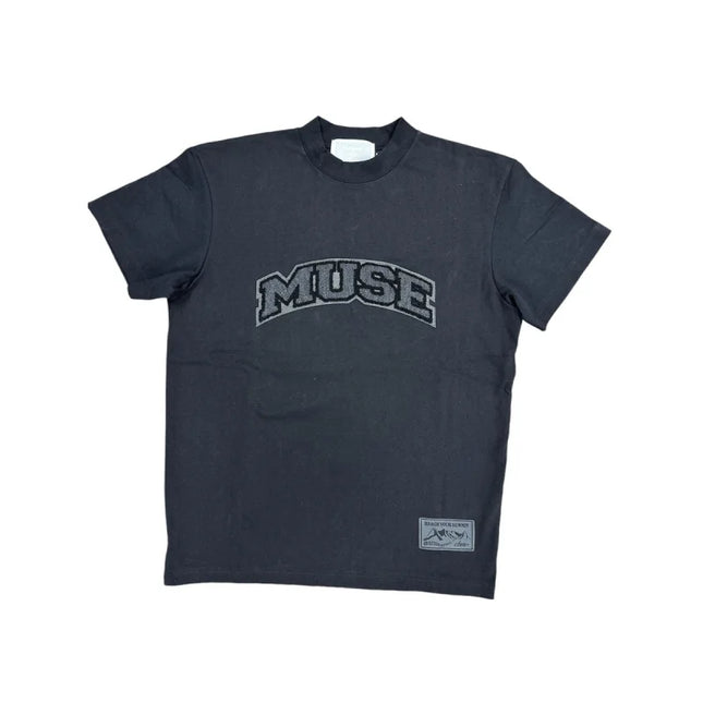 Black OG Patch T-Shirt featuring MUSE text, perfect to pair with Nike Dunk or Jordan 4