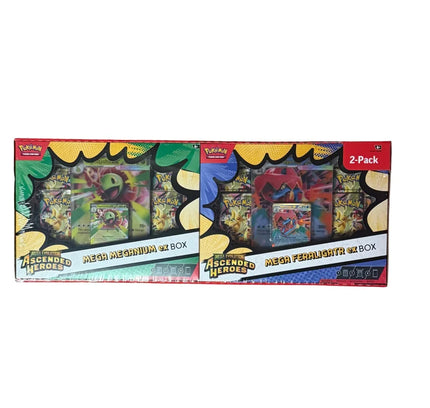 Two colorful pokémon tcg mega evolution ascended heroes 2-pack boxes featuring mega megenium and mega feraligatr with vibrant artwork
